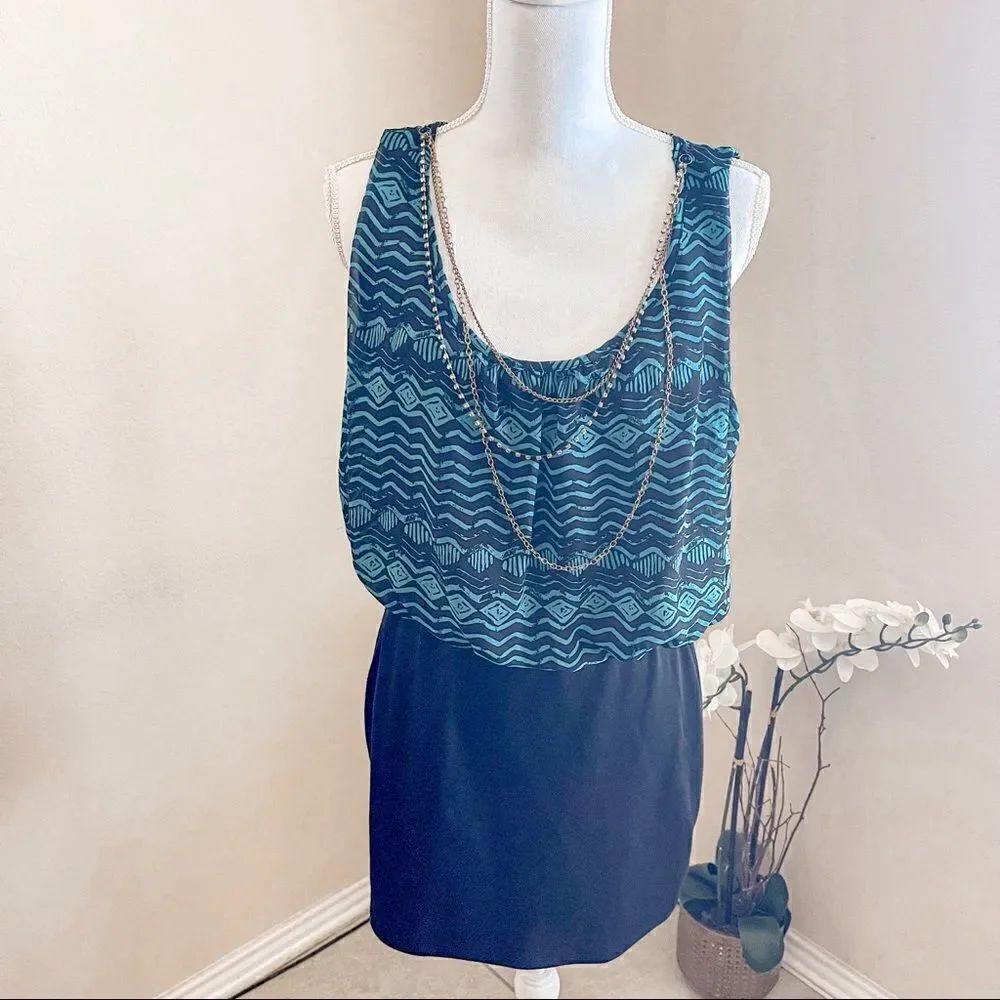 Bongo Y2K Vintage Teal/Black Print Blouson Sleeveless Tank Mini Dress;SZ XL; EUC